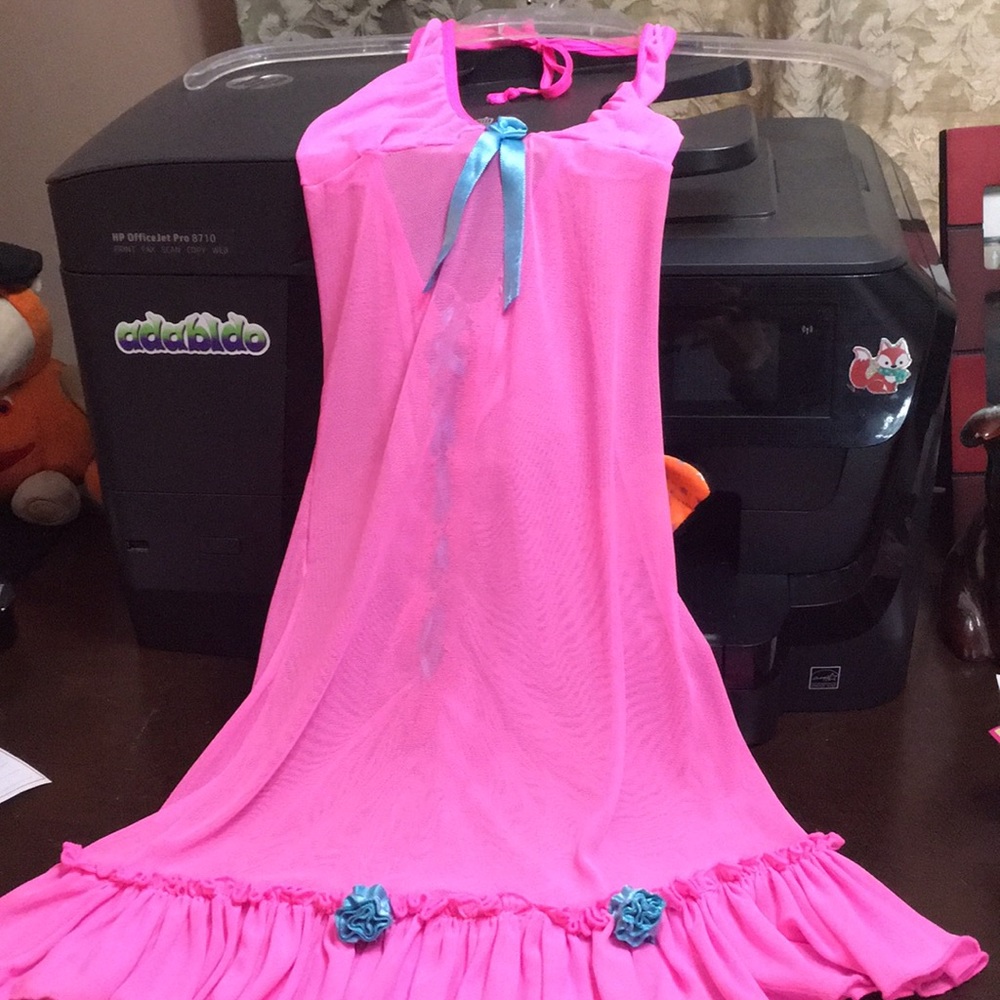 Flirty Sheer Hot Pink Dress with Turquoise Ribbon Tie Back Halter Neck